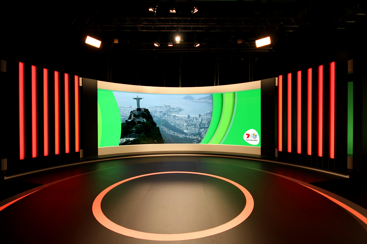 Channel 7 Studio Rio Olympics TV Studio Broadcast Stage Custom Lighting Curved LED Screen