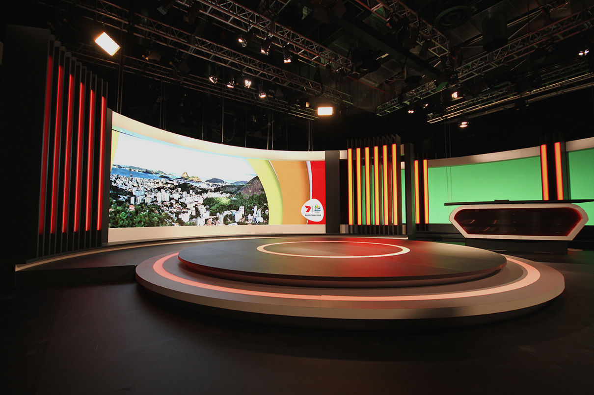 Channel 7 Studio Rio Olympics TV Studio Broadcast Stage Custom Lighting Curved LED Screen