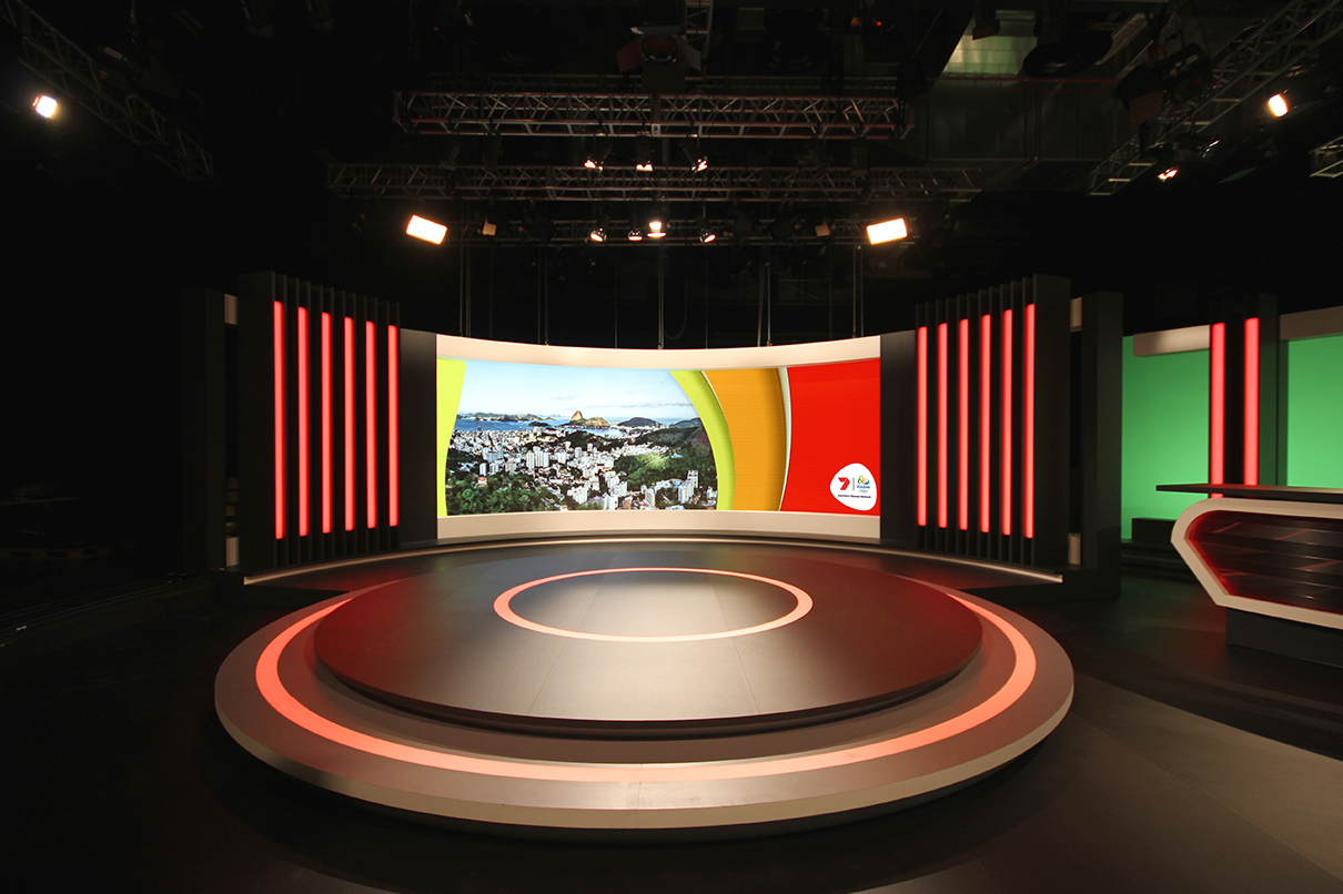 Channel 7 Studio Rio Olympics TV Studio Broadcast Stage Custom Lighting Curved LED Screen