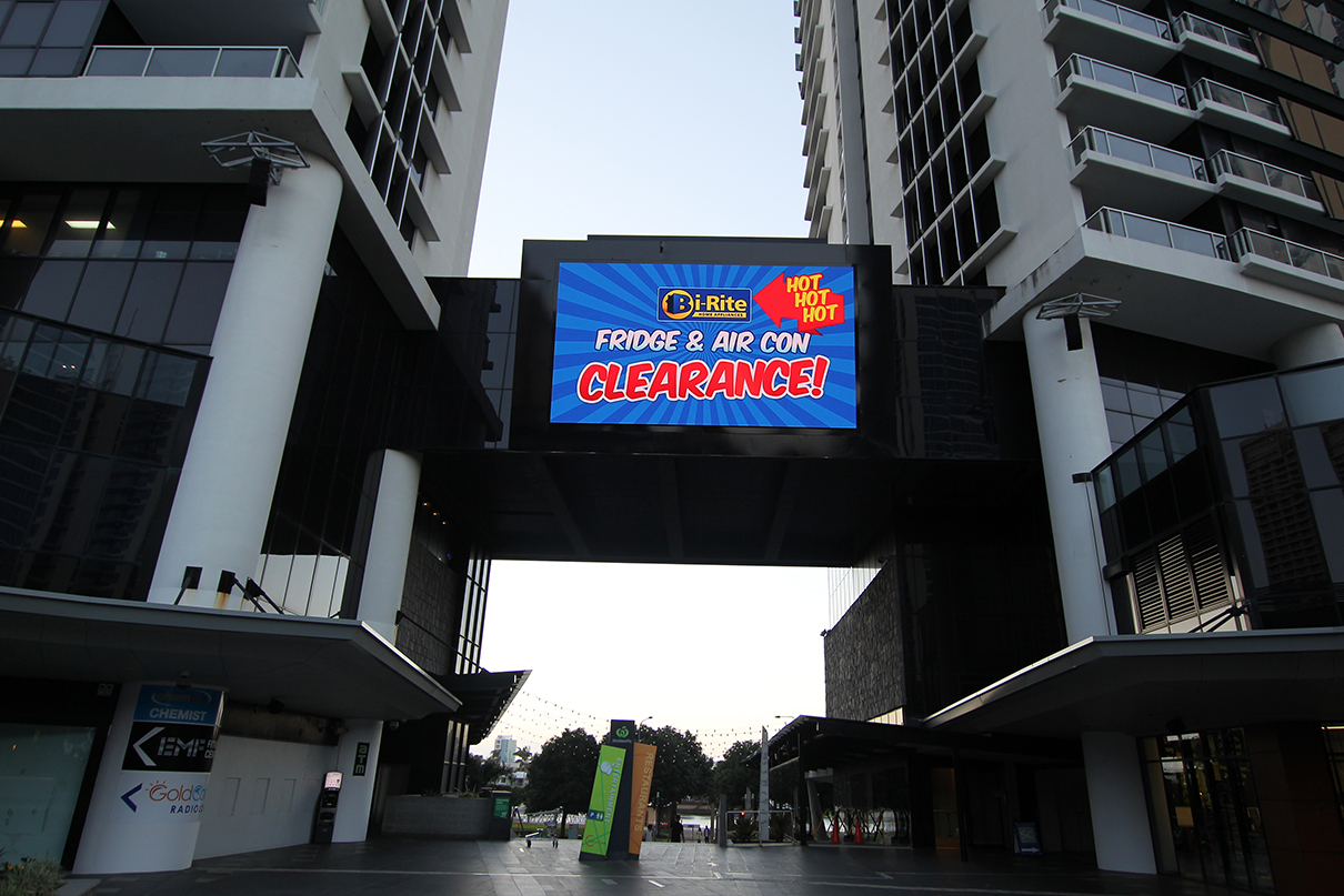 Advertising on the large screen above the pedestrian passage at Circle on Cavill.