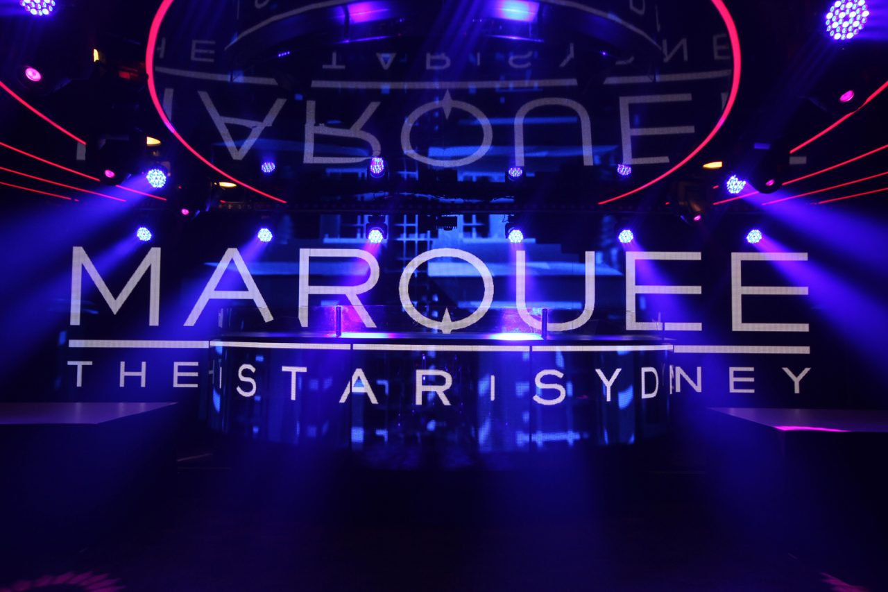 Close view of Marquee branding across the video screen at The Star Sydney.