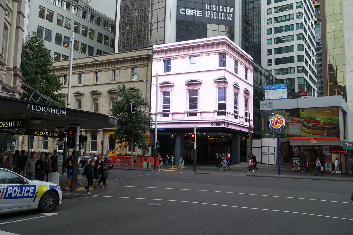 The Queen's Rise media facade displaying an architectural window illusion in Auckland.