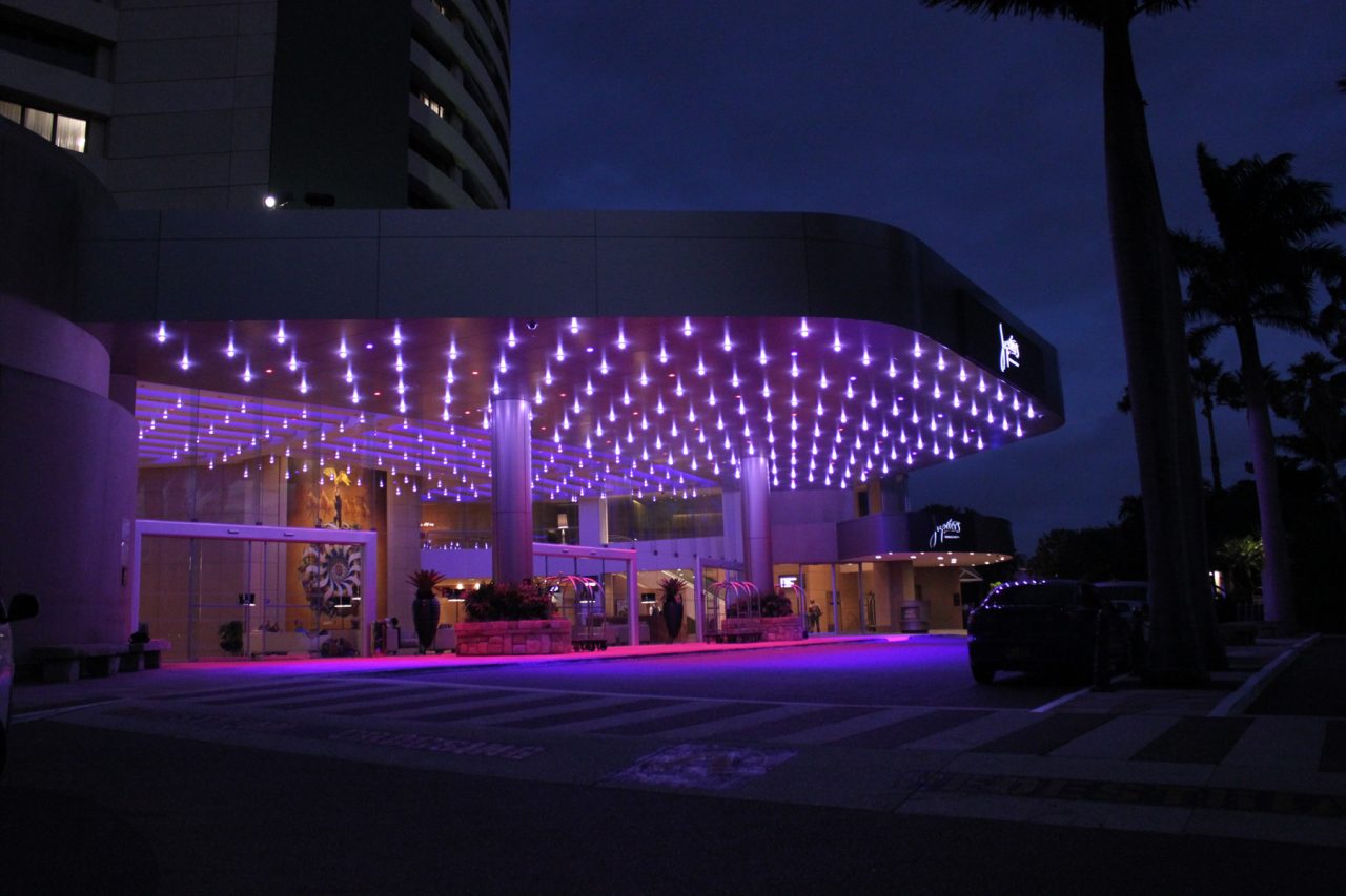 Purple lights illuminate the entrance canopy at The Star Gold Coast.