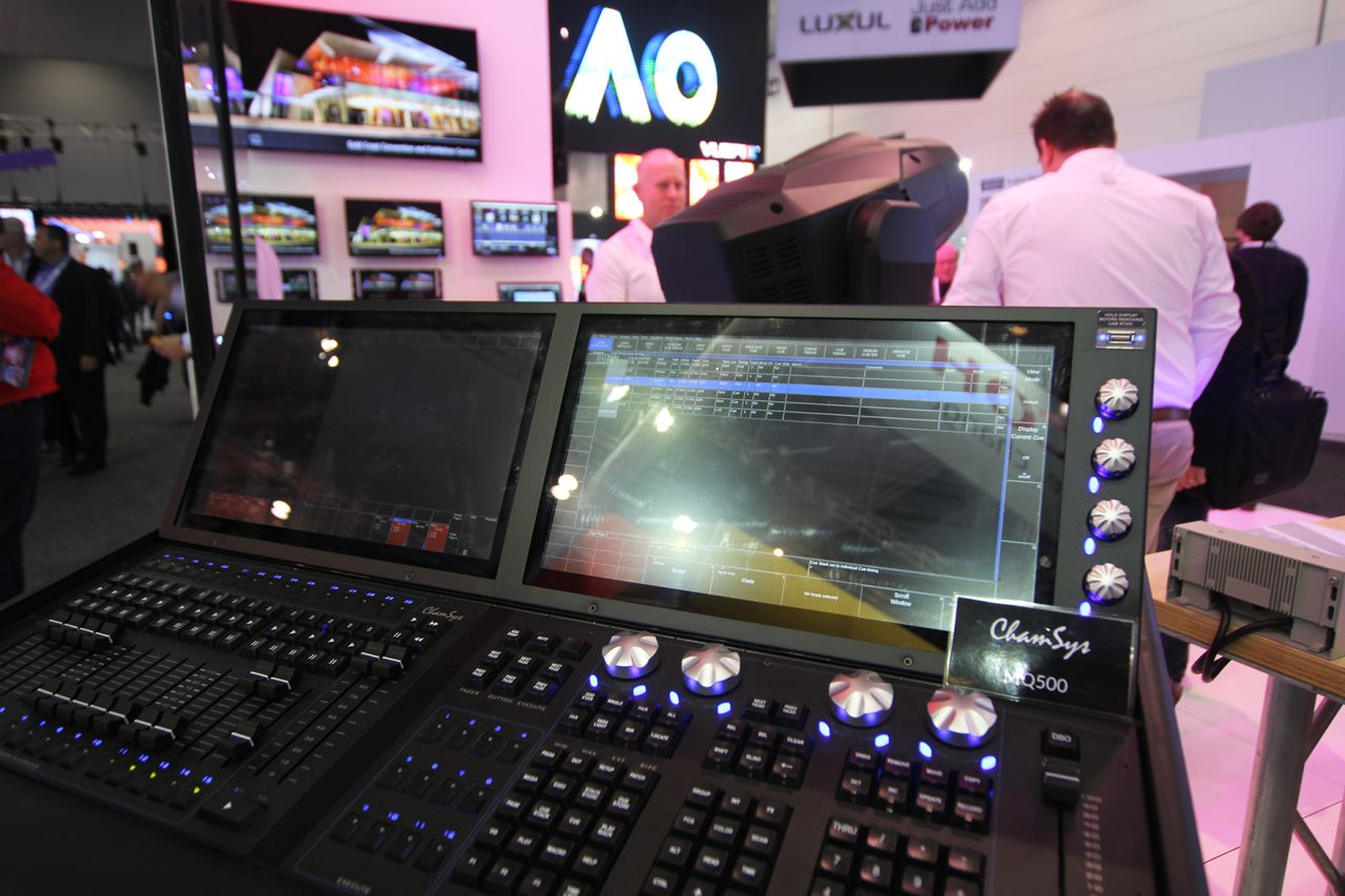 ChamSys MQ500 console with two displays on ULA's Integrate 2017 stand.