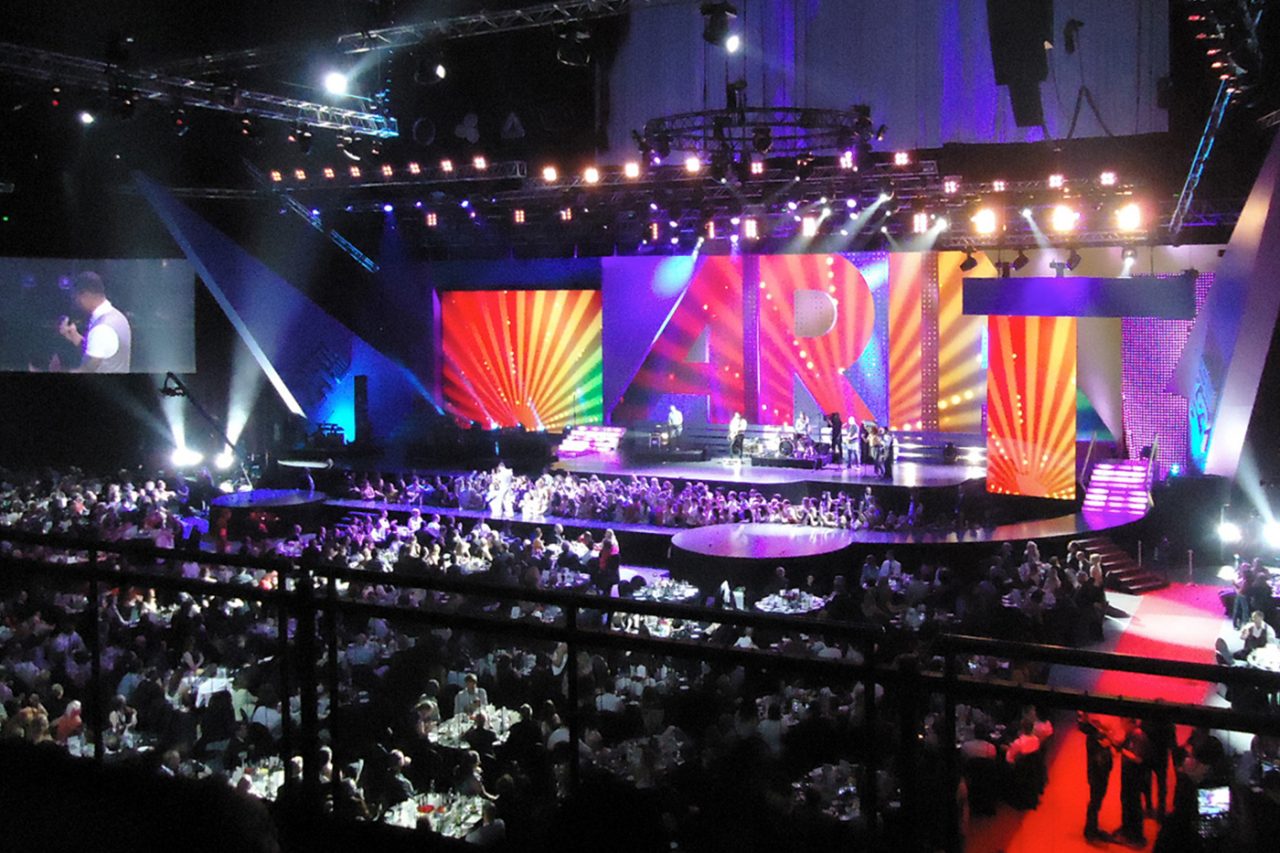 Wide view of the ARIA Awards audience and colourful stage screens.
