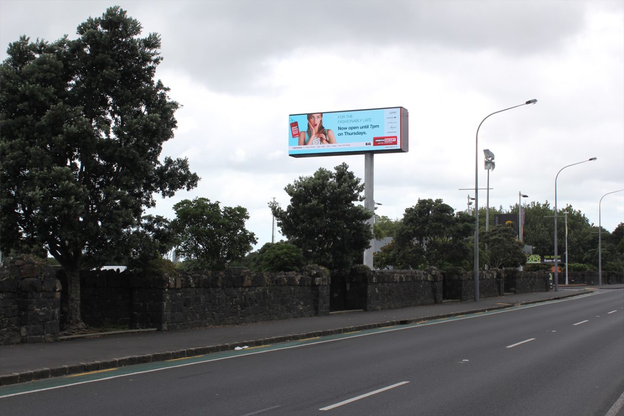 Street view of the elevated digital billboard outside ASB Showgrounds.