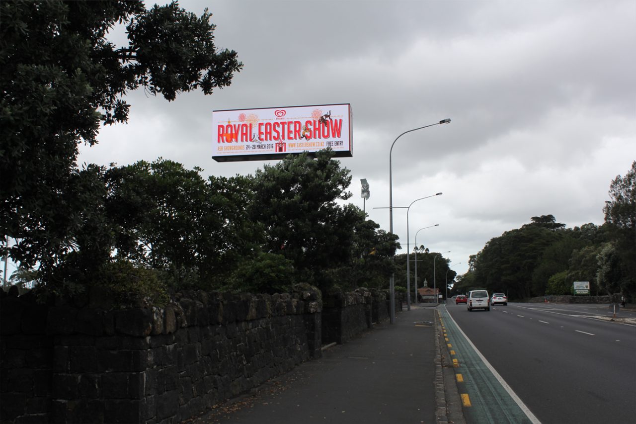 Easter Show promotion on the elevated digital billboard outside ASB Showgrounds.
