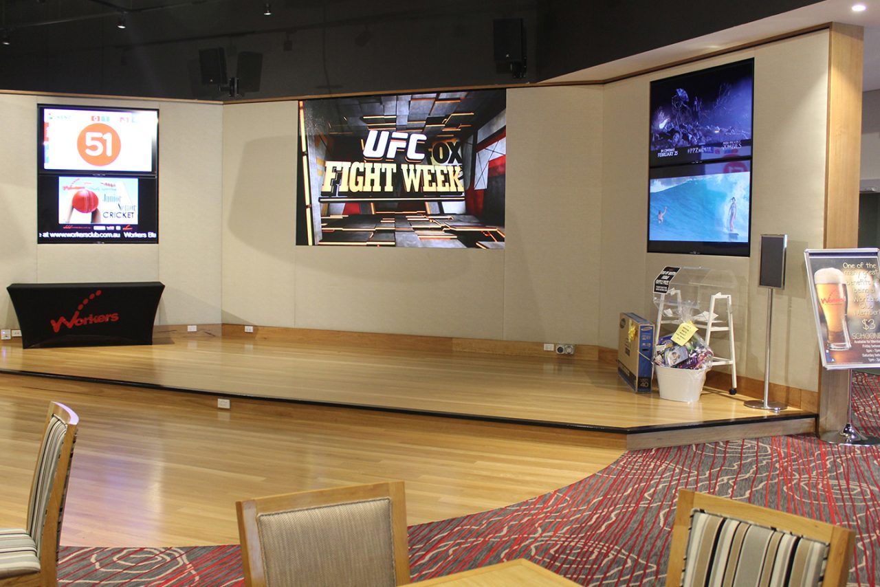 UFC event advertising on the central screen at Blacktown Workers Club.