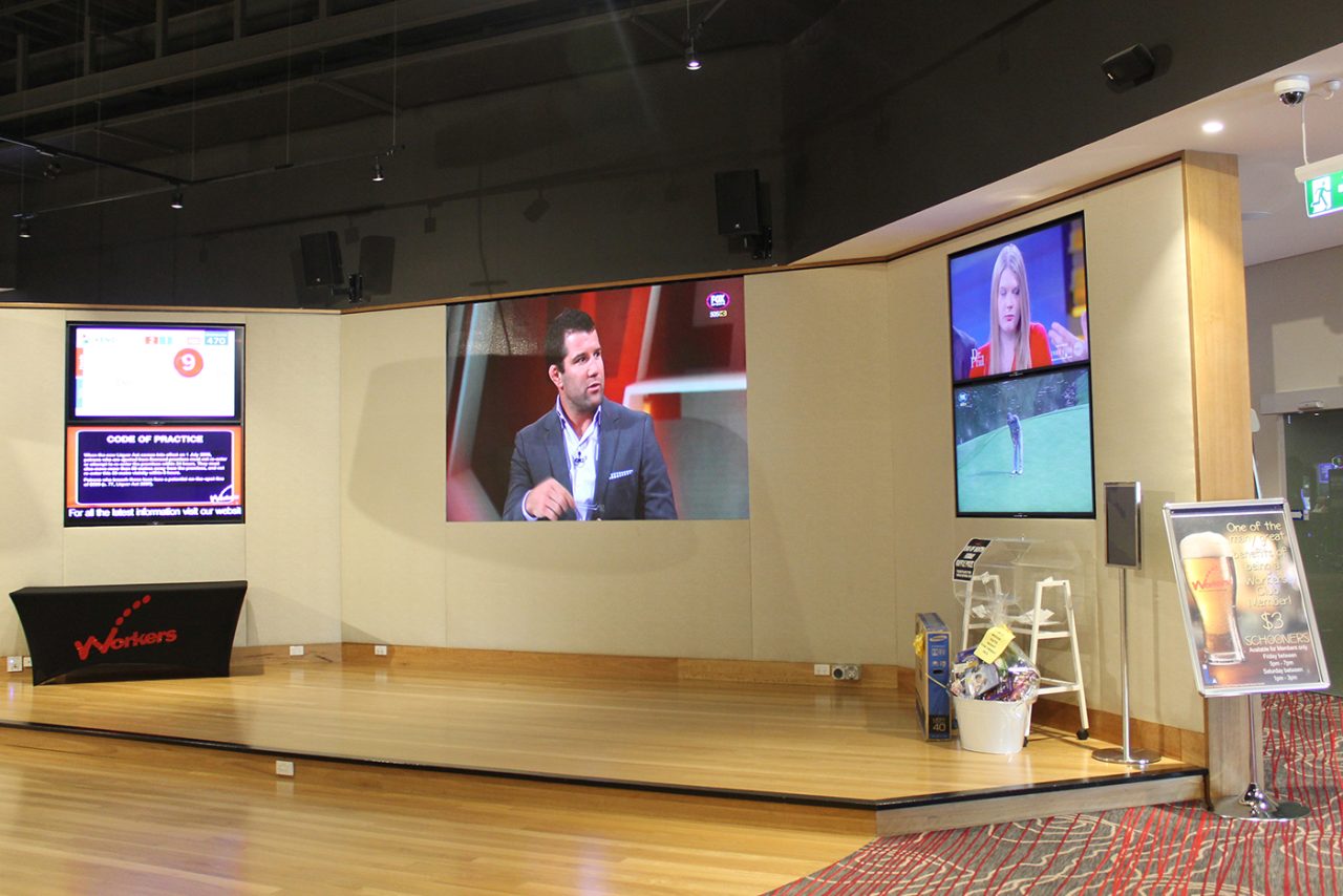 Presentation footage on the central foyer screen at Blacktown Workers Club.