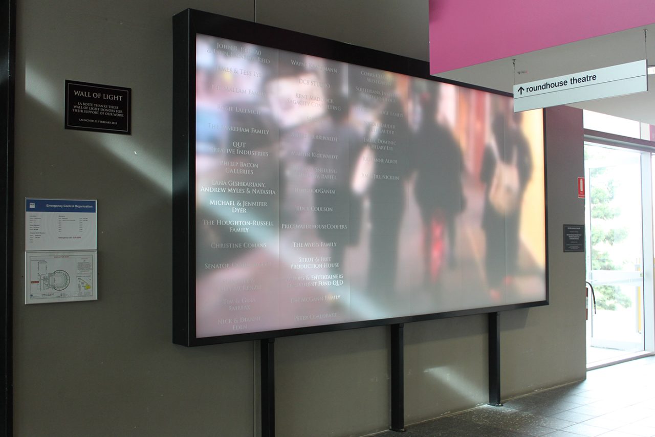Video imagery on the large display beside the La Boite Theatre entrance.