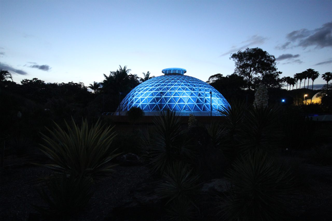 The tropical dome at Mount Coot-tha Botanic Gardens glowing blue at dusk.