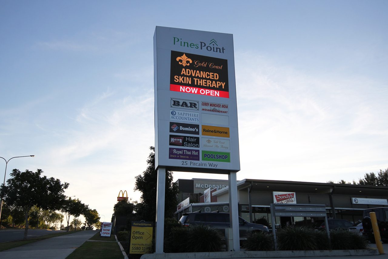 Close view of advertising on the inset digital screen at Pines Point.
