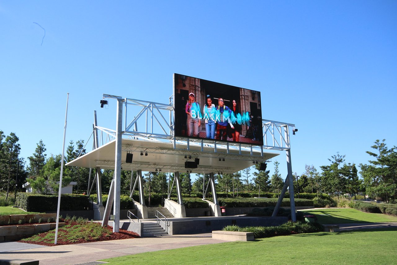 Angled view of the elevated stage screen at Robelle Domain.
