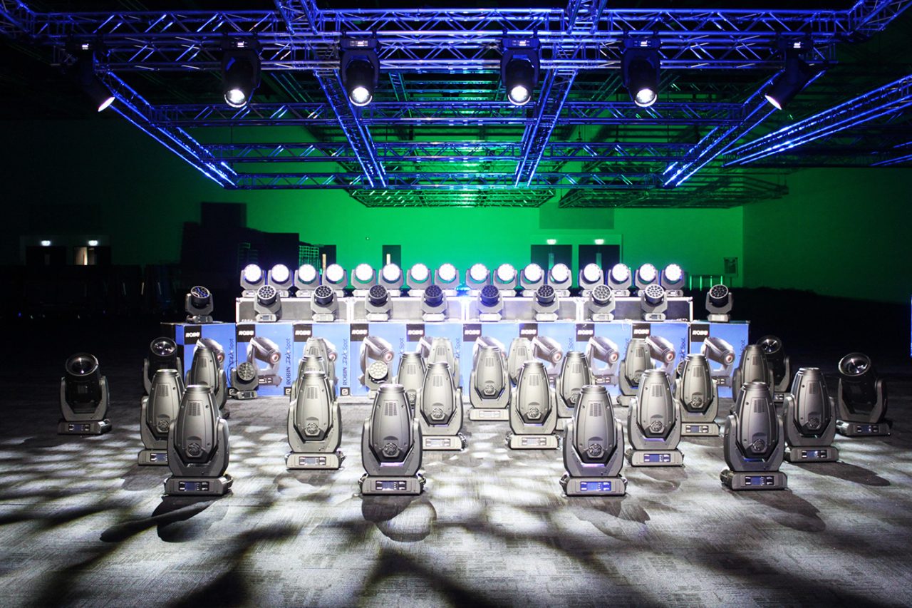 White patterned light around the displayed lighting inventory at Royal International Convention Centre.