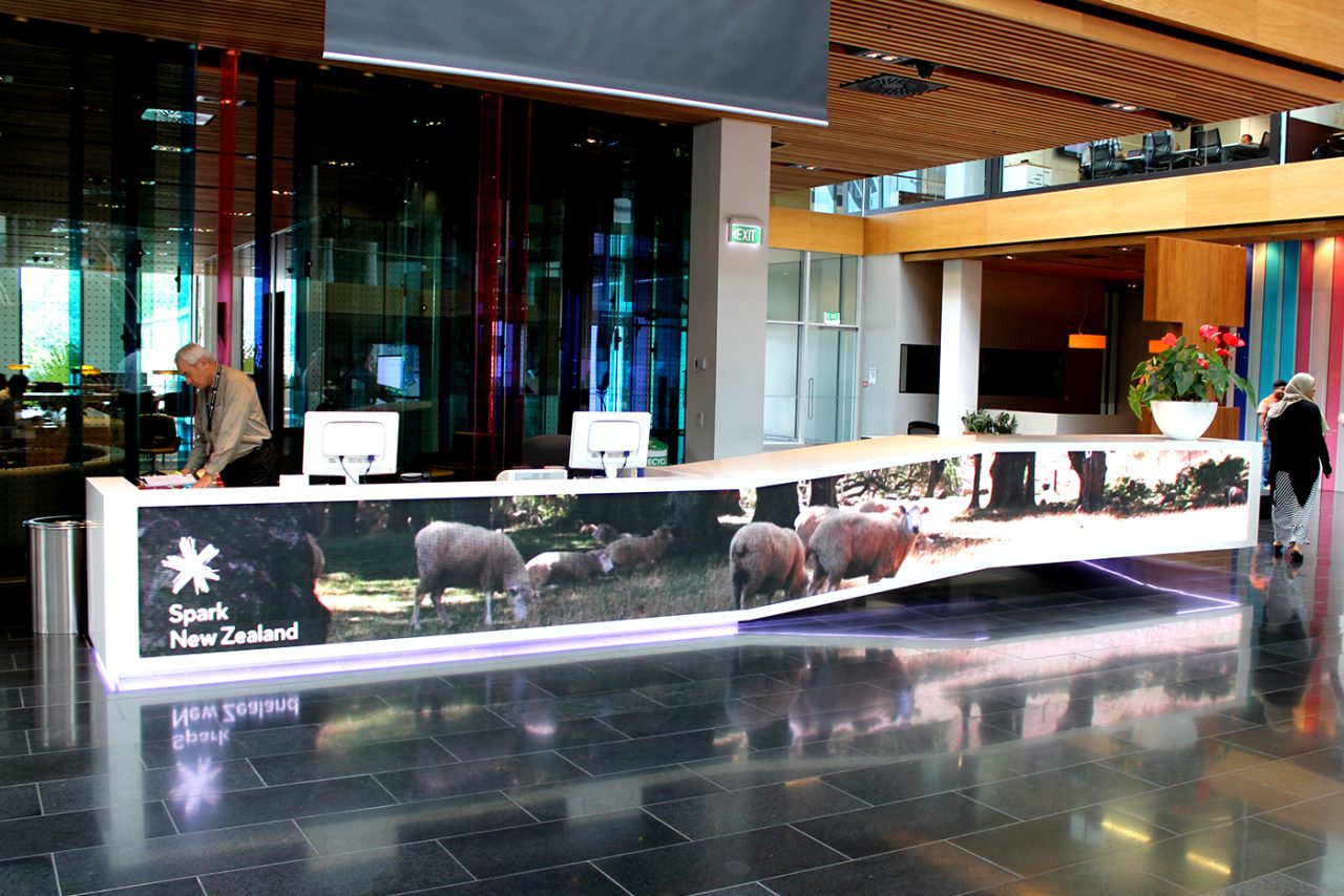 Panoramic video imagery across the Spark headquarters reception desk.