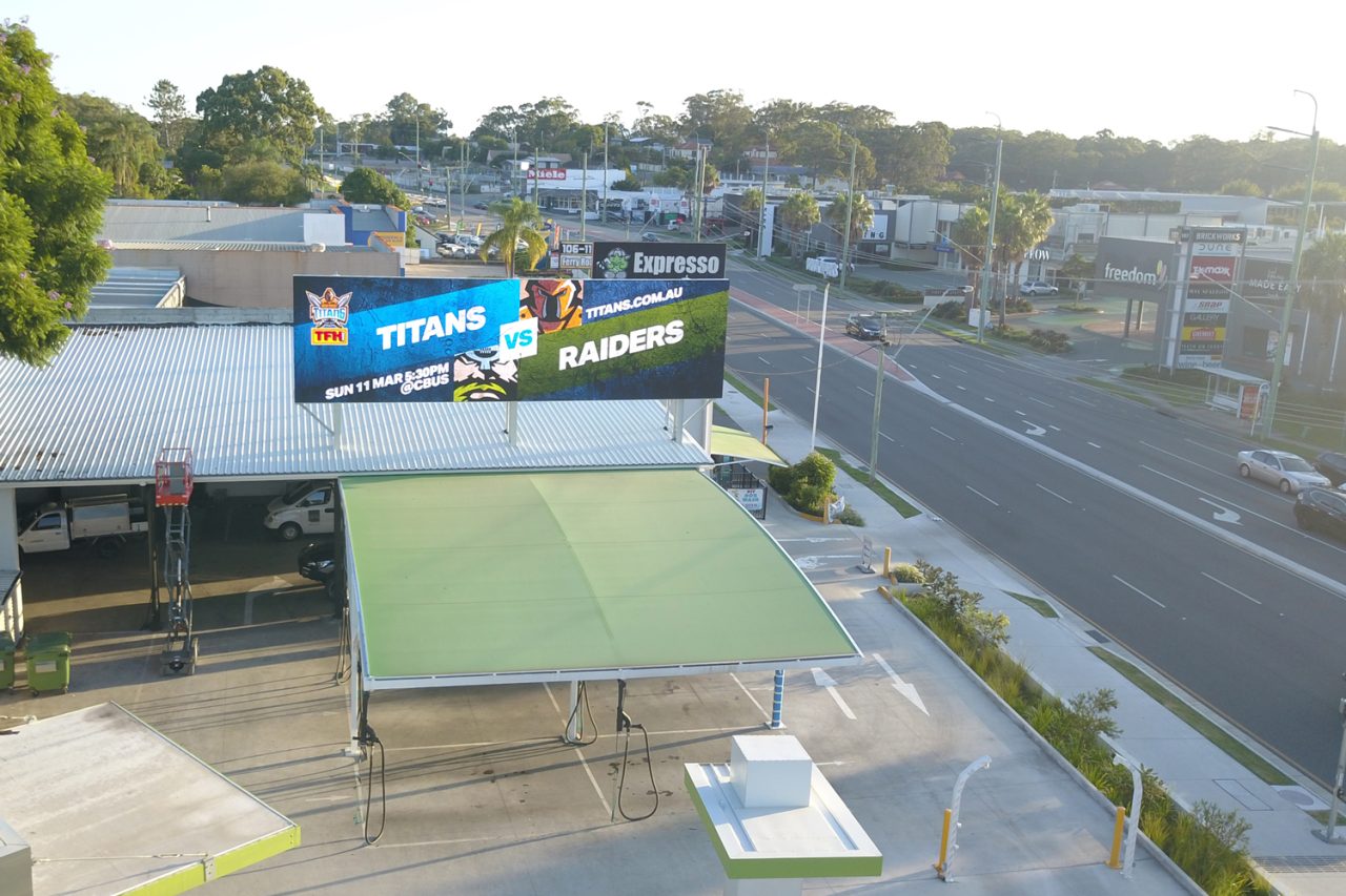 Aerial view of Hoppy's Handwash Cafe and its rooftop digital billboard beside Ferry Road.