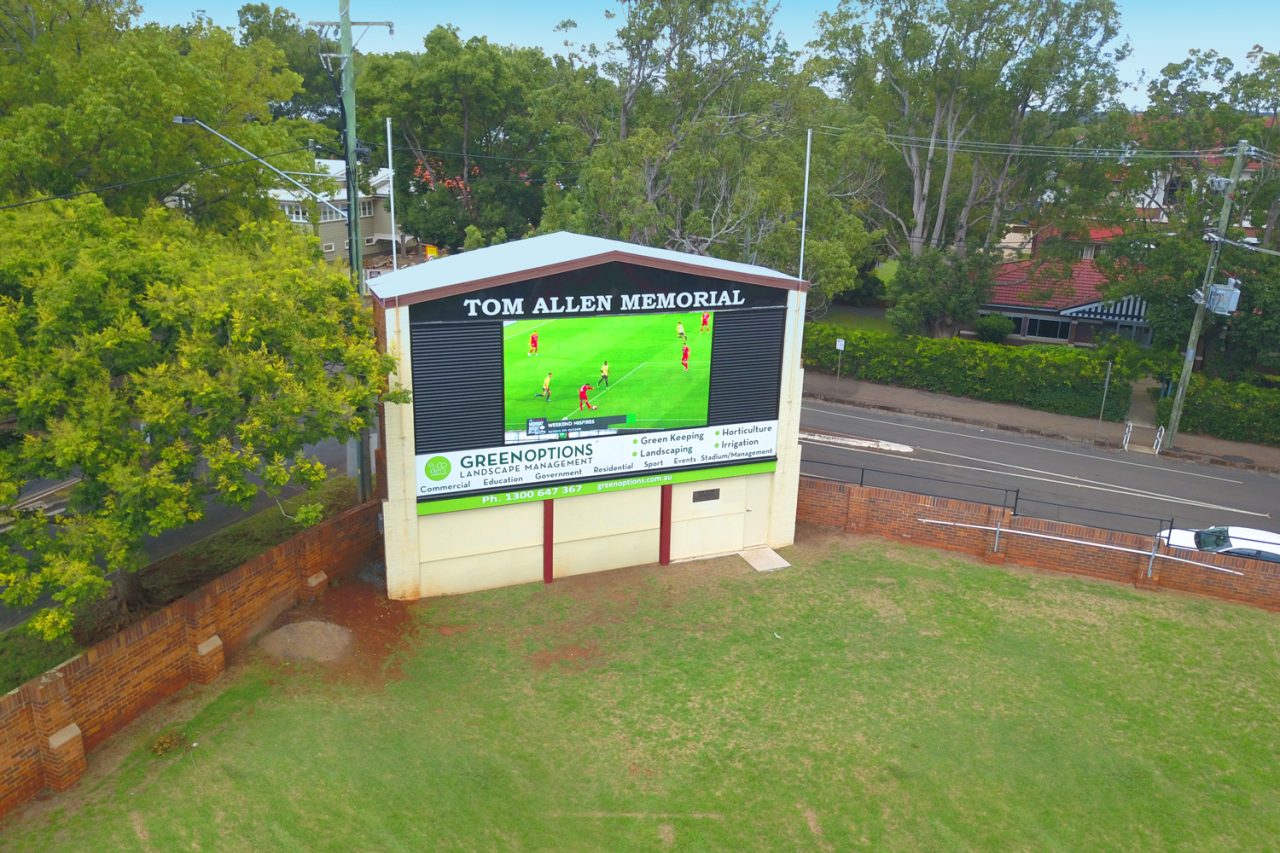 Aerial view of the digital screen on the Tom Allen Memorial scoreboard at Toowoomba Sports Ground.