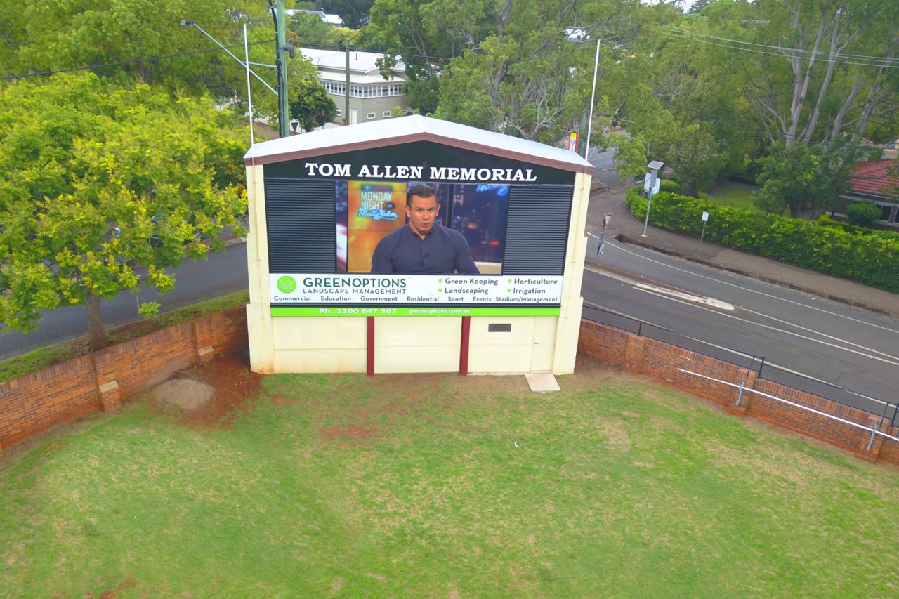 Elevated view of video footage on the Tom Allen Memorial scoreboard.