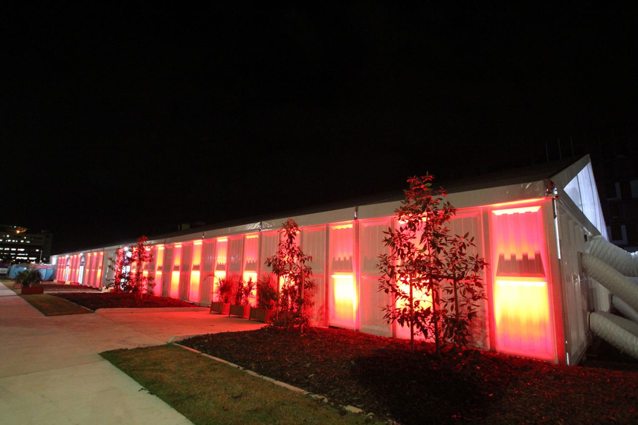 Red lighting along the village walkway at night.
