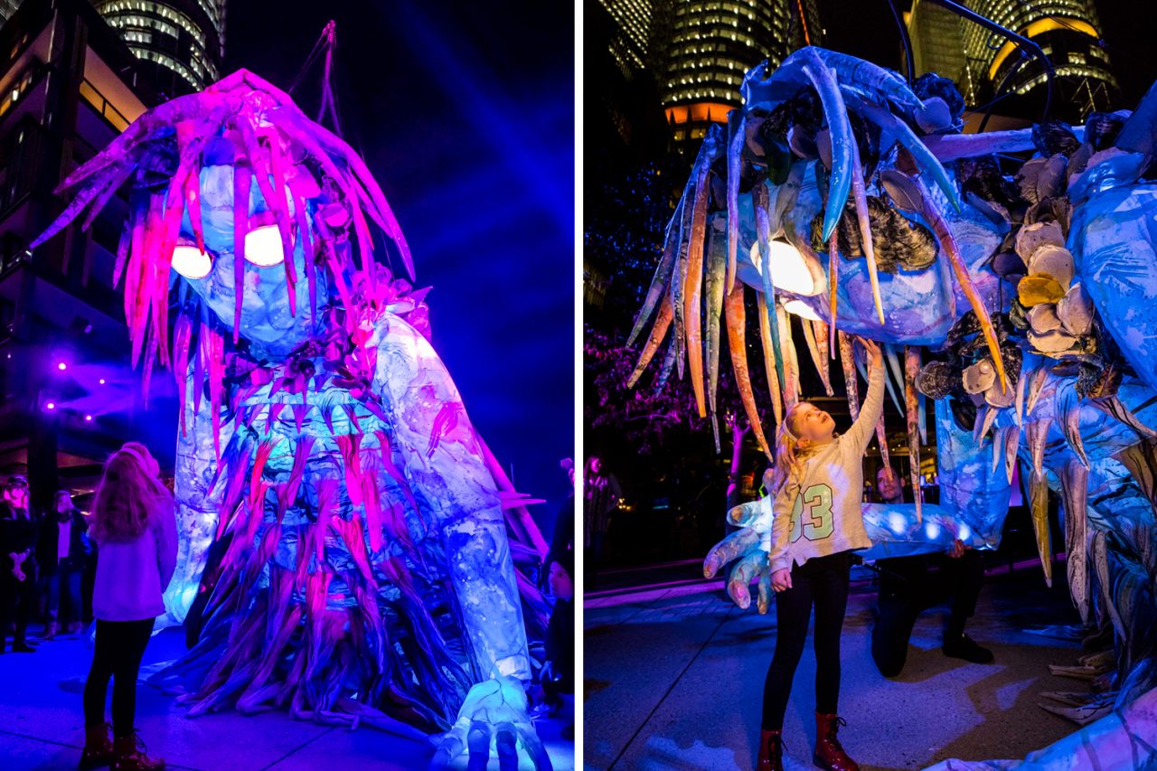 Two views of a large illuminated forest puppet in The Liminal Hour at Vivid Sydney.
