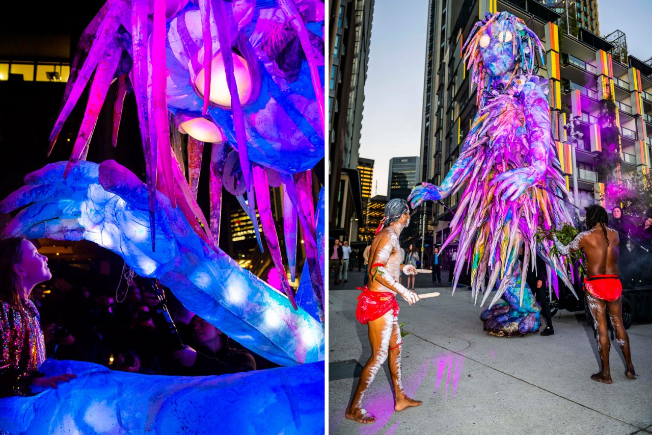 Close and full-length views of the colourful illuminated puppet in The Liminal Hour.
