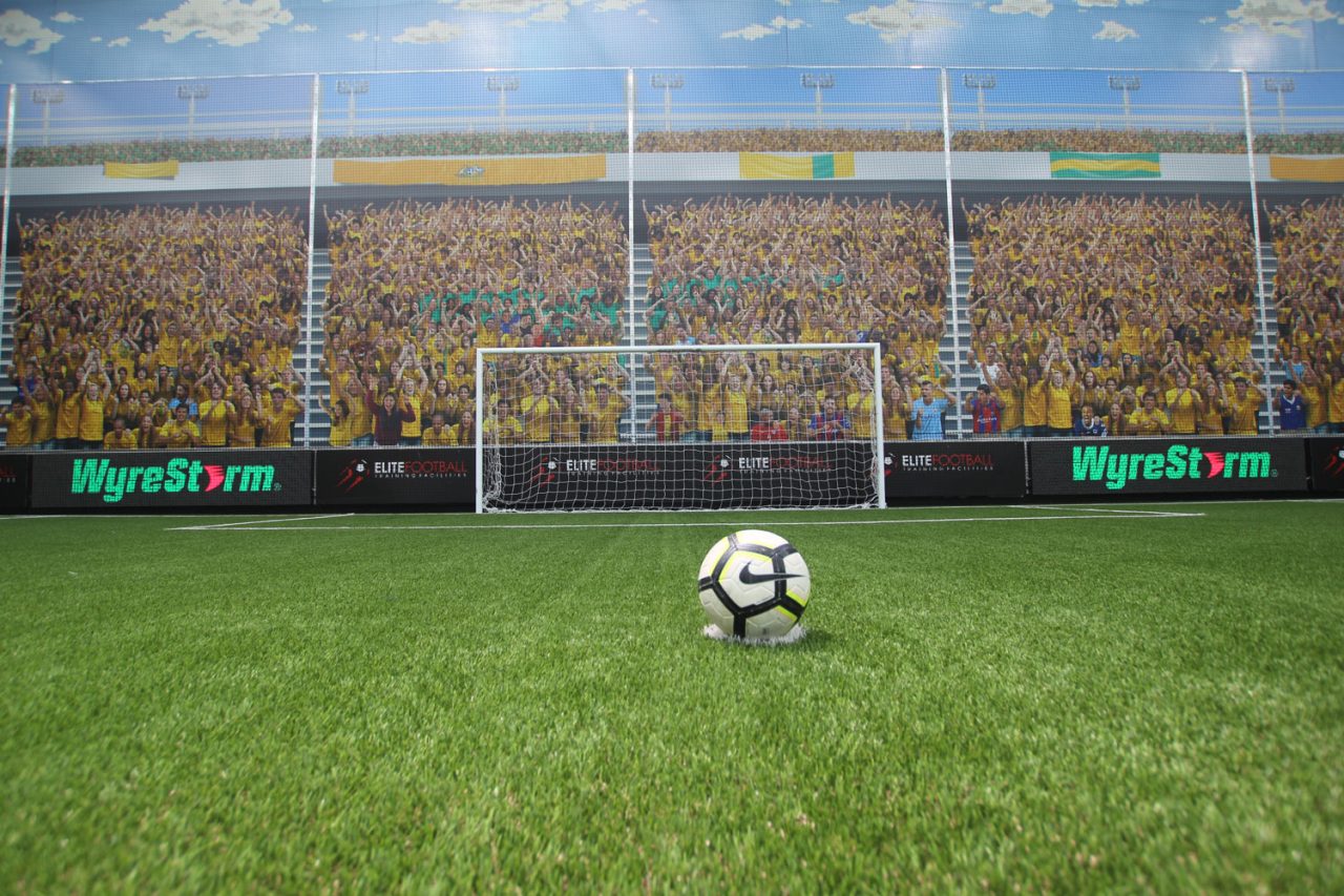 Football in front of the goal and perimeter display at Elite Football Training Facilities.