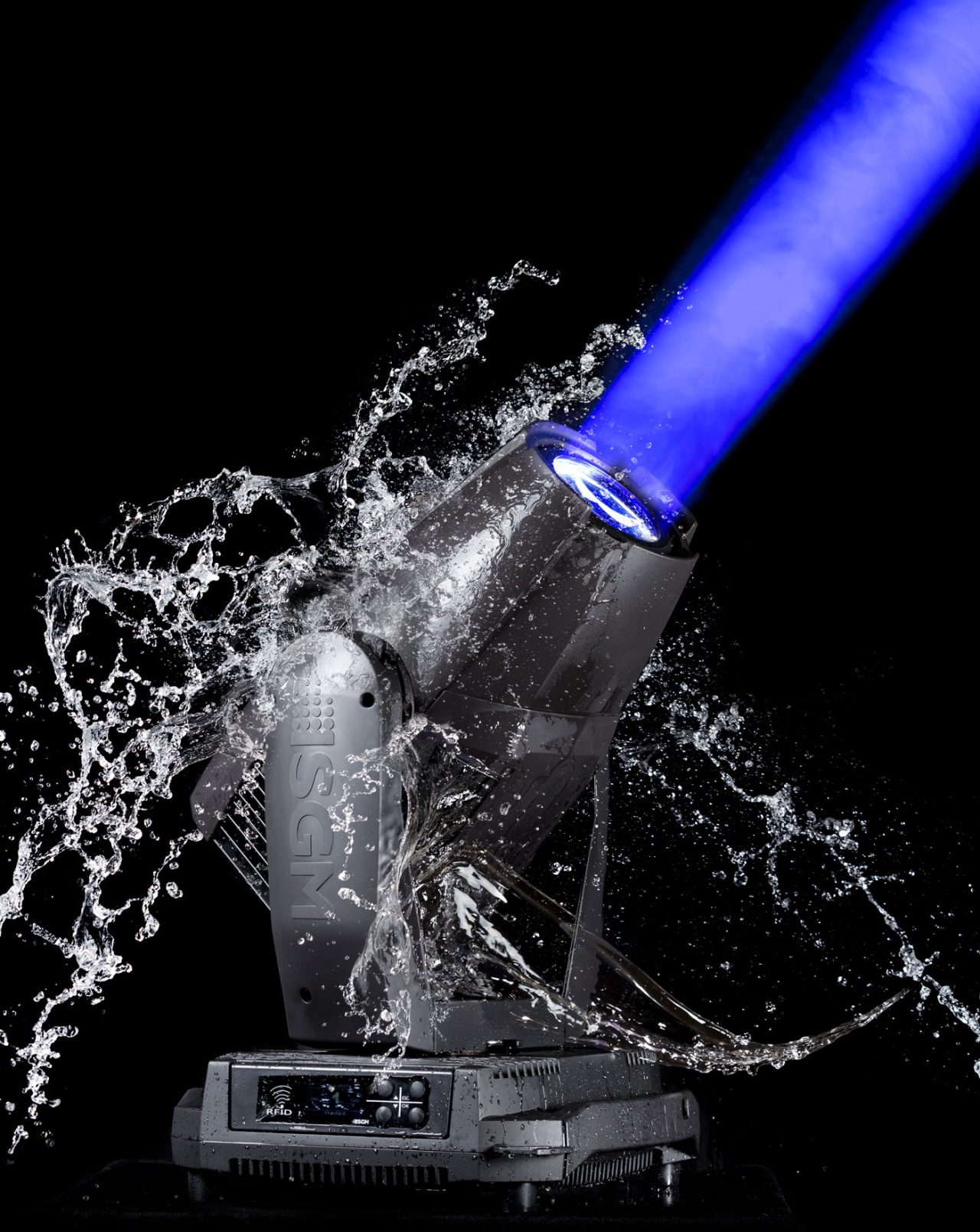 SGM G-Spot fixture emitting a blue beam while splashed with water.
