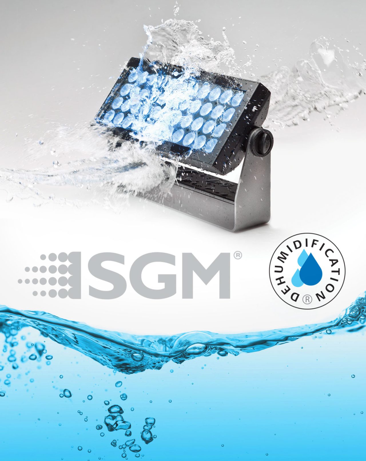 SGM LED panel splashed with water in a weatherproofing graphic.