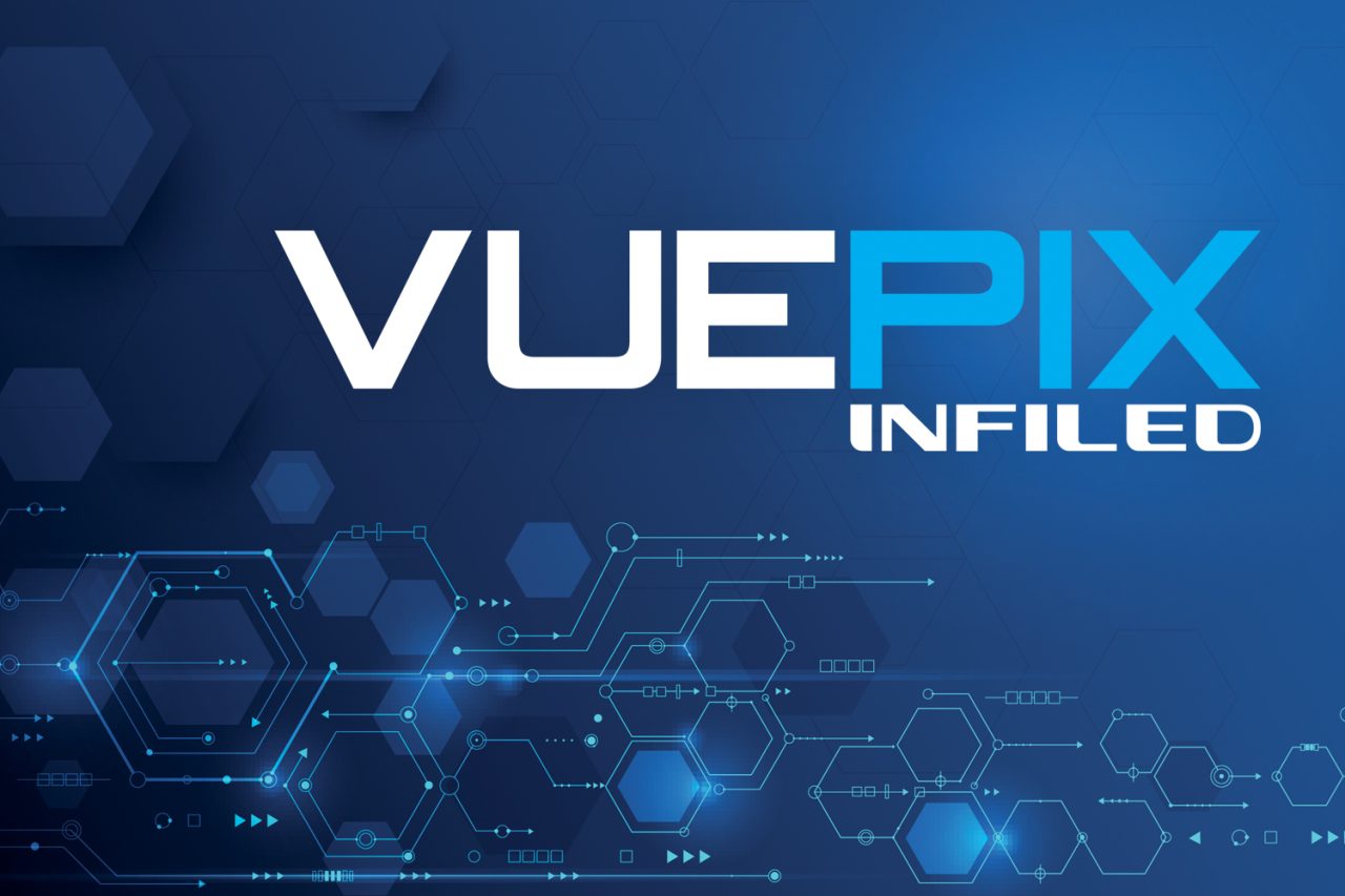VuePix INFiLED logo on a blue technology-themed background.