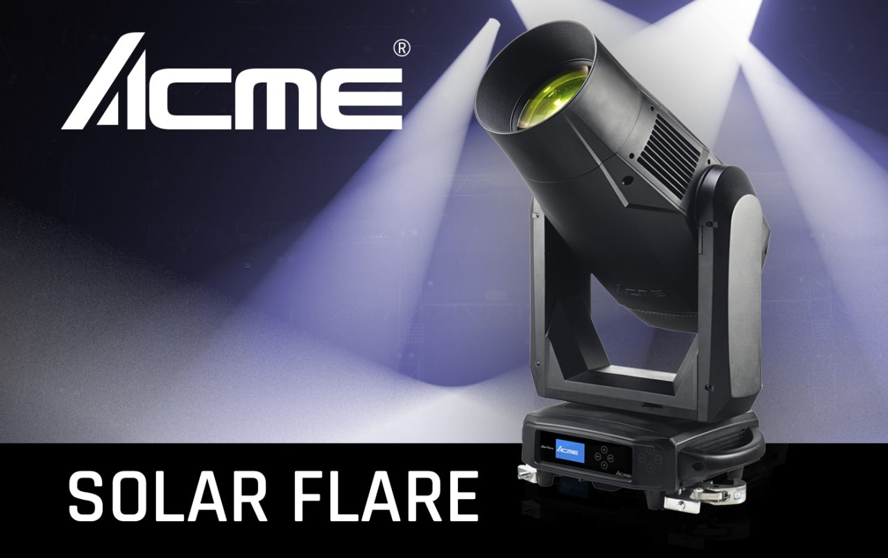 Acme Solar Flare fixture emitting a white beam in a promotional graphic.