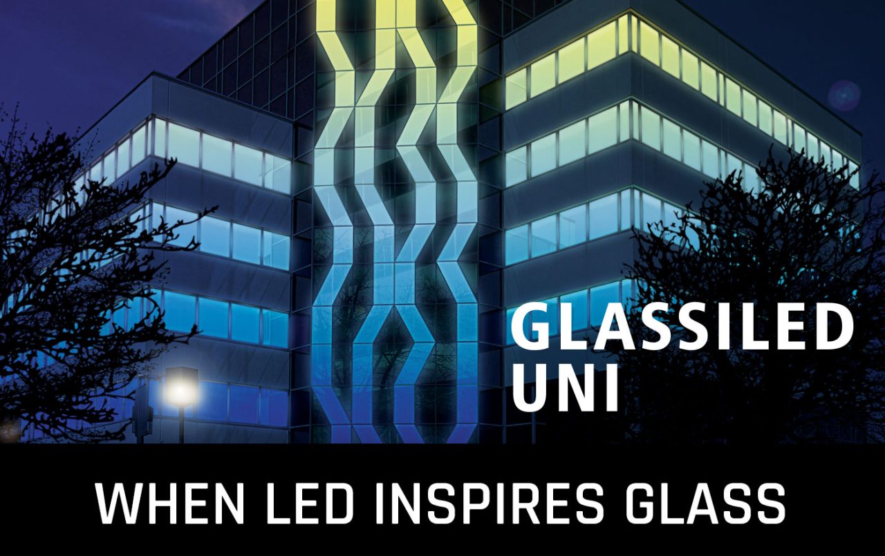 Glassiled Uni graphic showing illuminated glass on a building facade.