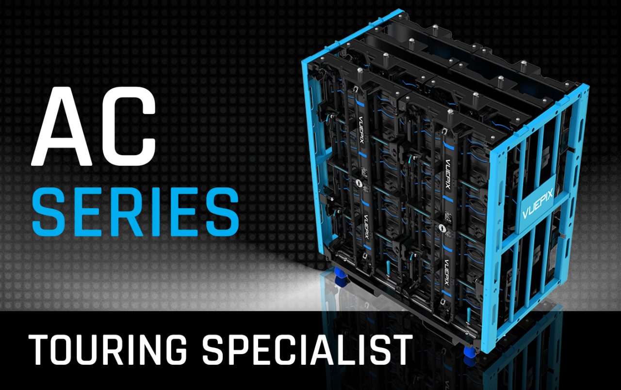 VuePix AC Series touring display system in a blue transport frame.