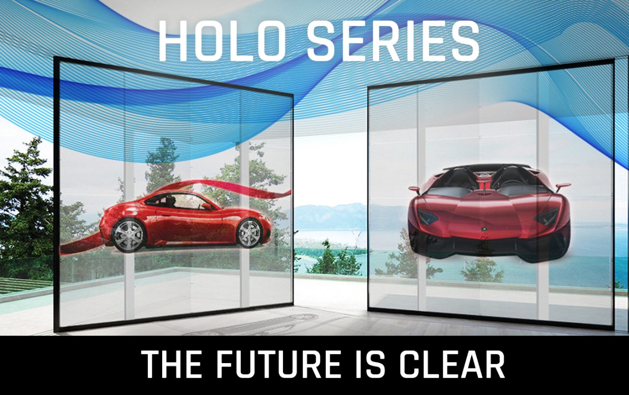 HOLO Series graphic showing red cars on transparent display panels.
