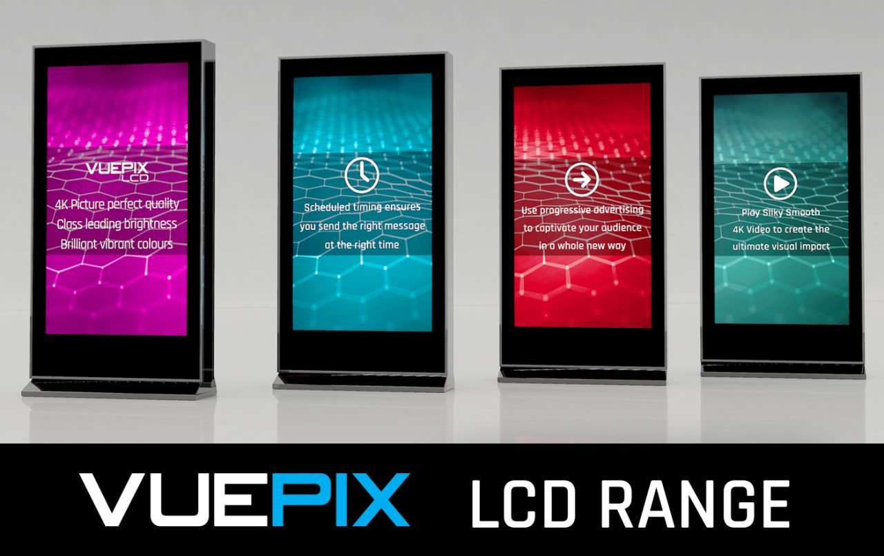 Four freestanding VuePix LCD digital signage displays.