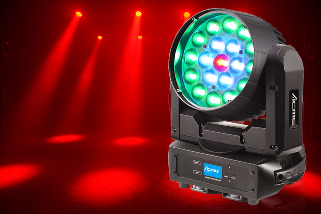 Acme CM-300ZR II fixture with multicoloured lenses against red stage lighting.