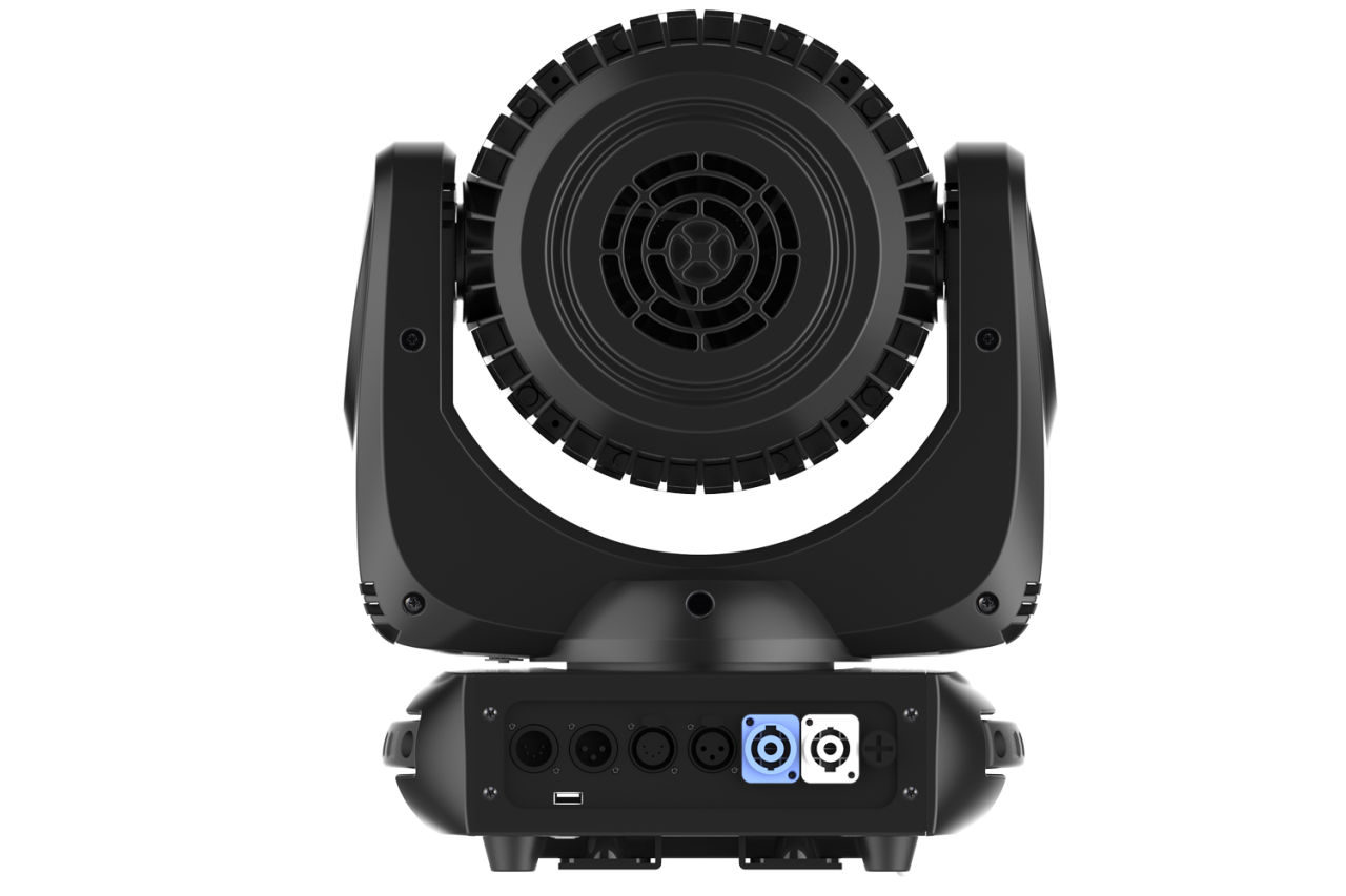 Rear view of an Acme CM-300ZR II fixture showing its cooling fan and connections.