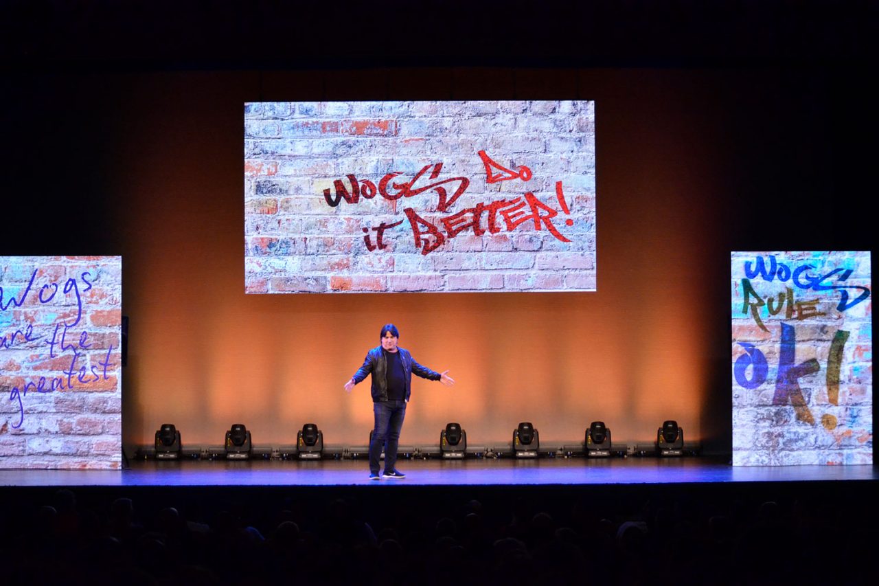 Performer onstage beneath Wogs at Work graphics and warm lighting.