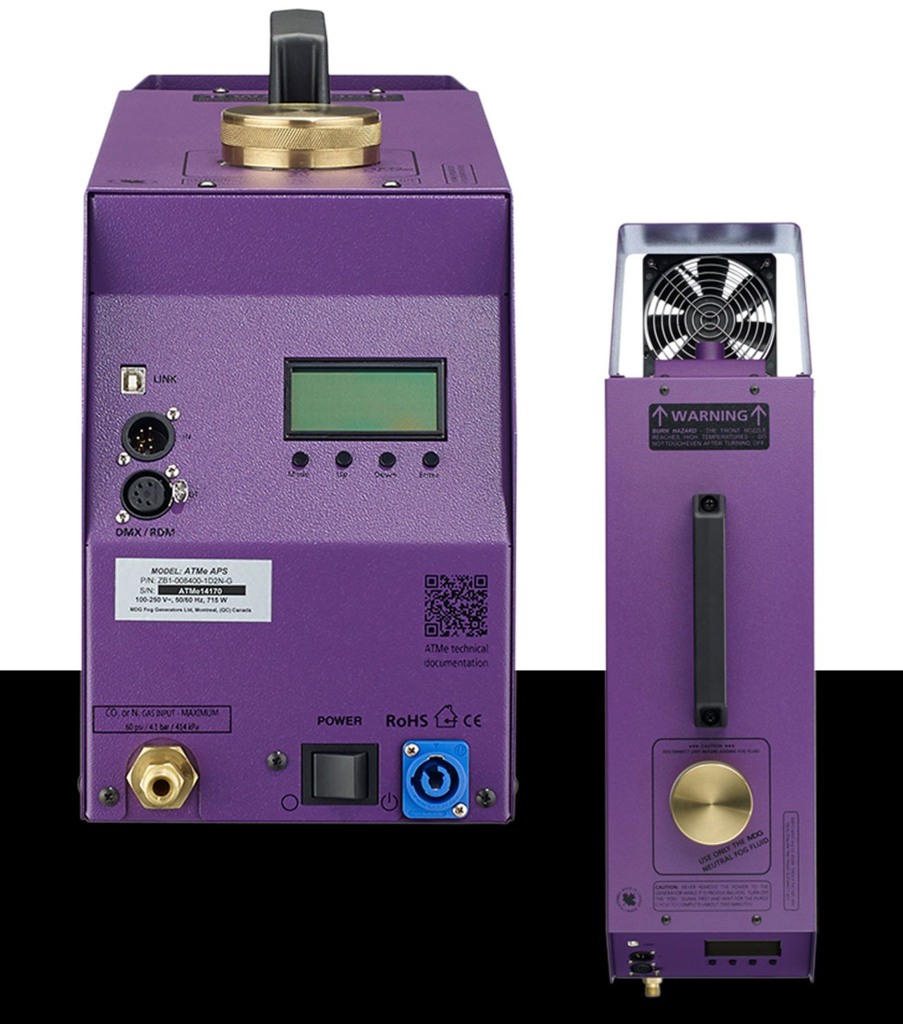 Front and side views of an MDG ATMe haze generator showing its controls and connectors.
