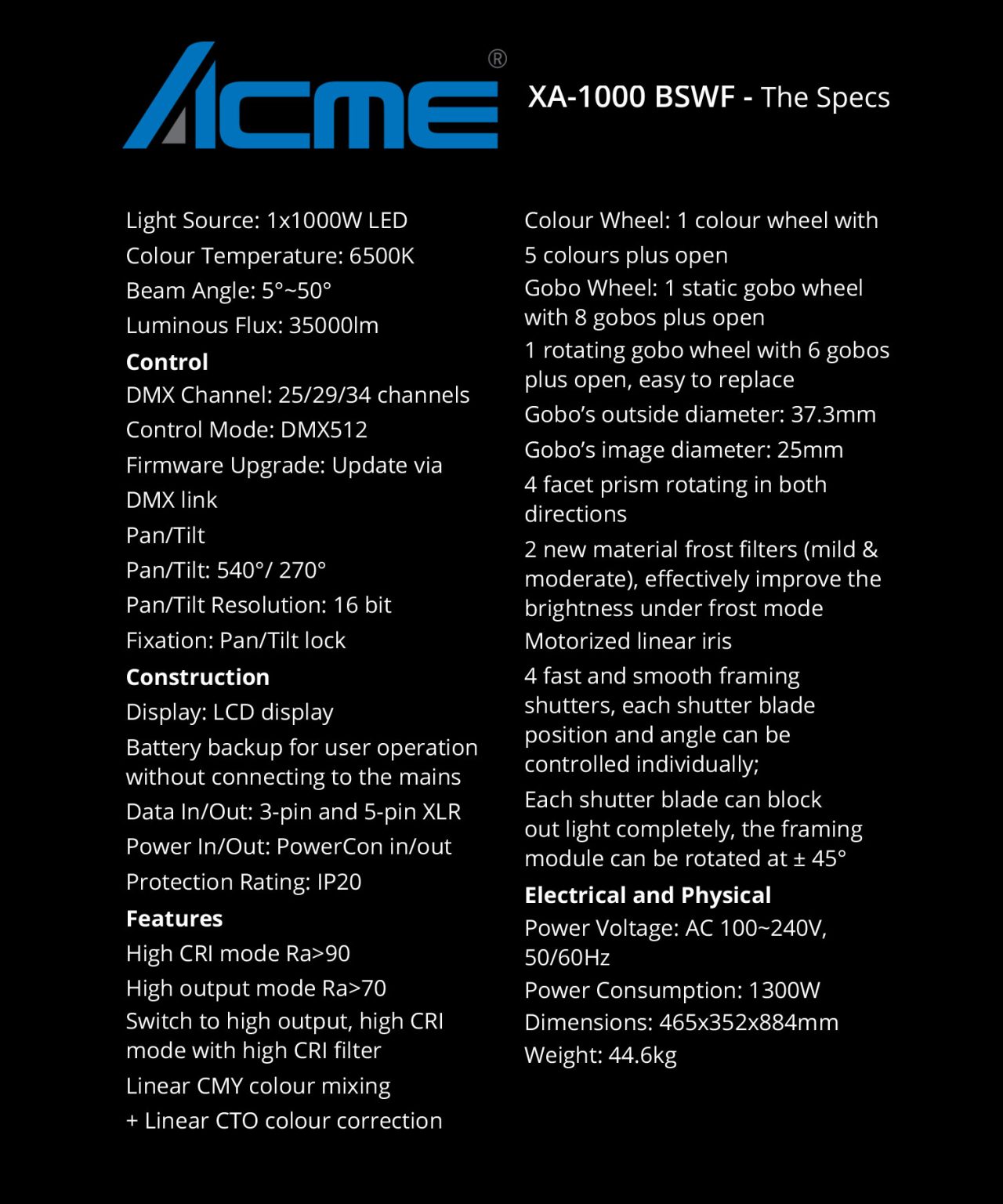 Acme XA-1000 BSWF specification panel.