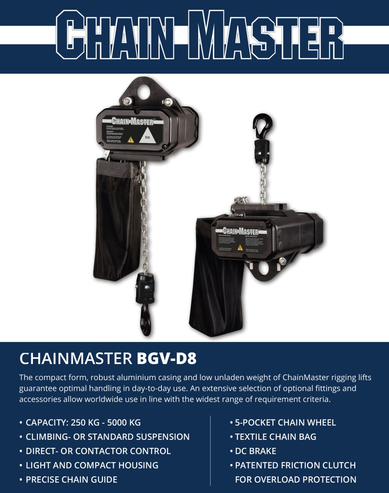 Chainmaster BGV-D8 hoists with a product specification panel.