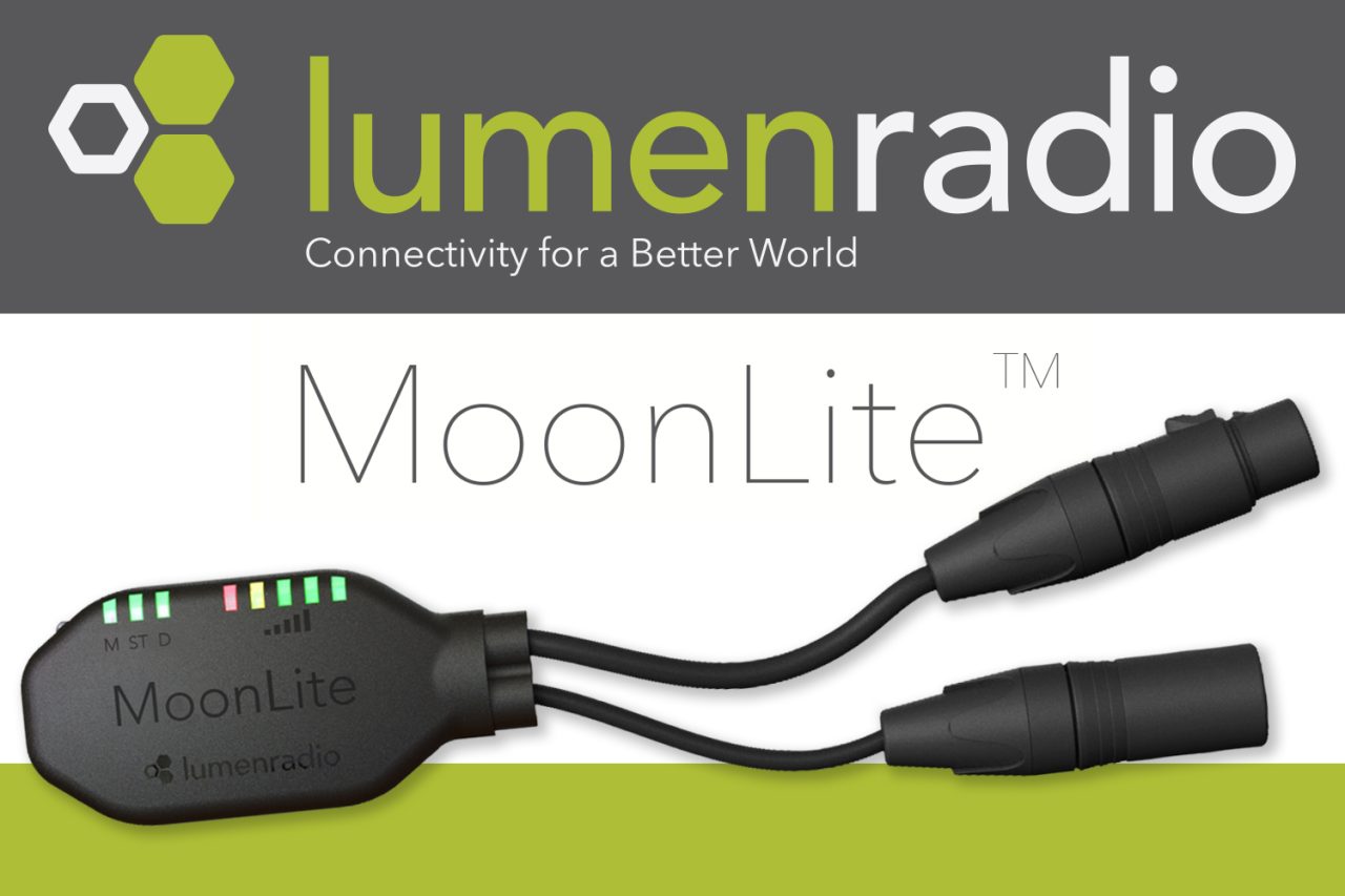 LumenRadio MoonLite wireless transceiver with two attached connectors.