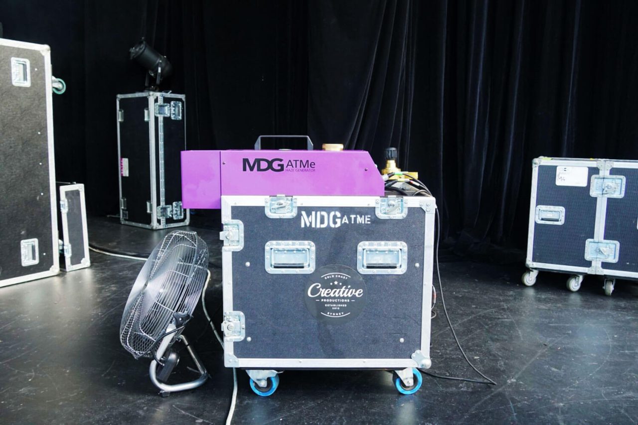 MDG haze generator and flight cases backstage on the Amy Shark tour.