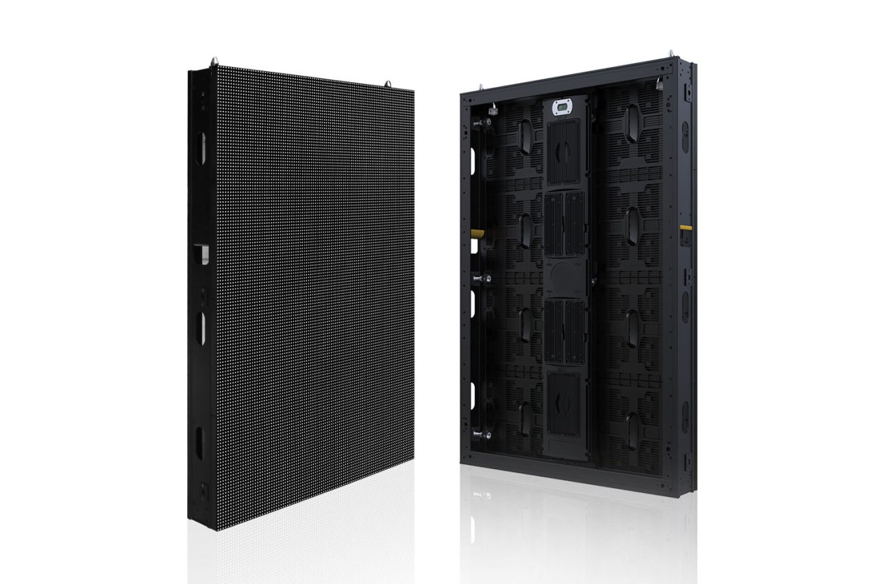 Front and rear views of a tall black LED display panel.