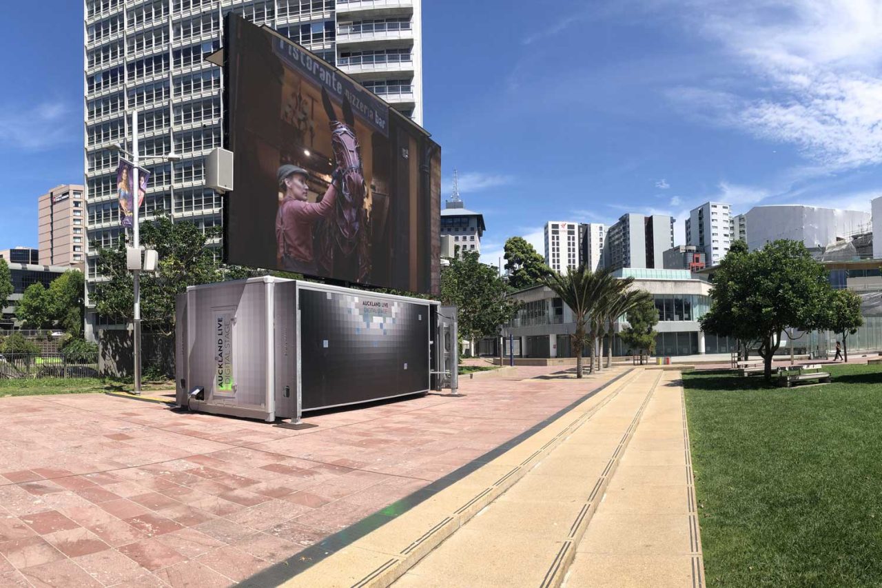 Wide view of the Auckland Live Digital Stage in the city plaza.