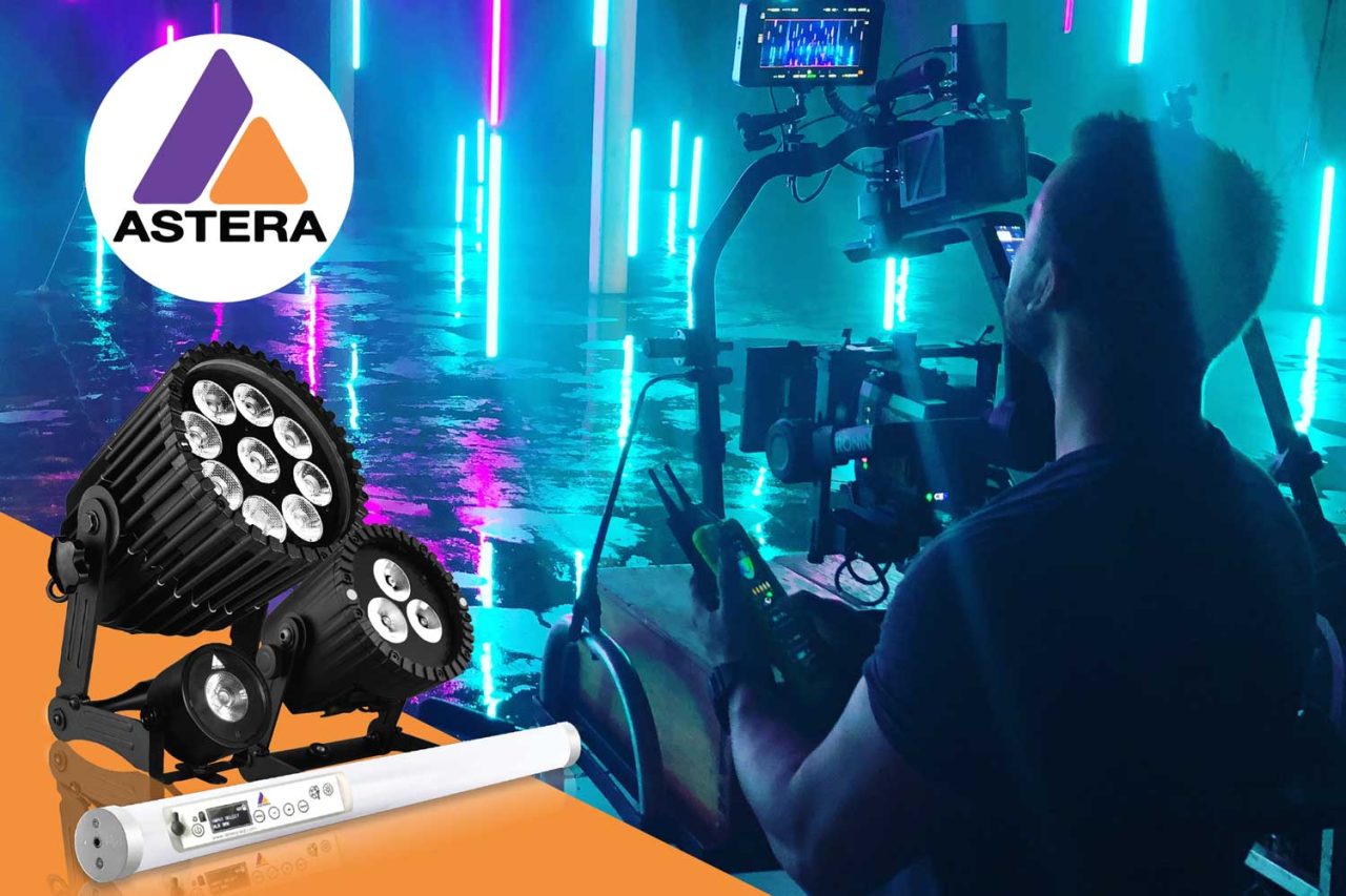 Astera product collage over a camera shoot lit by cyan LED tubes.