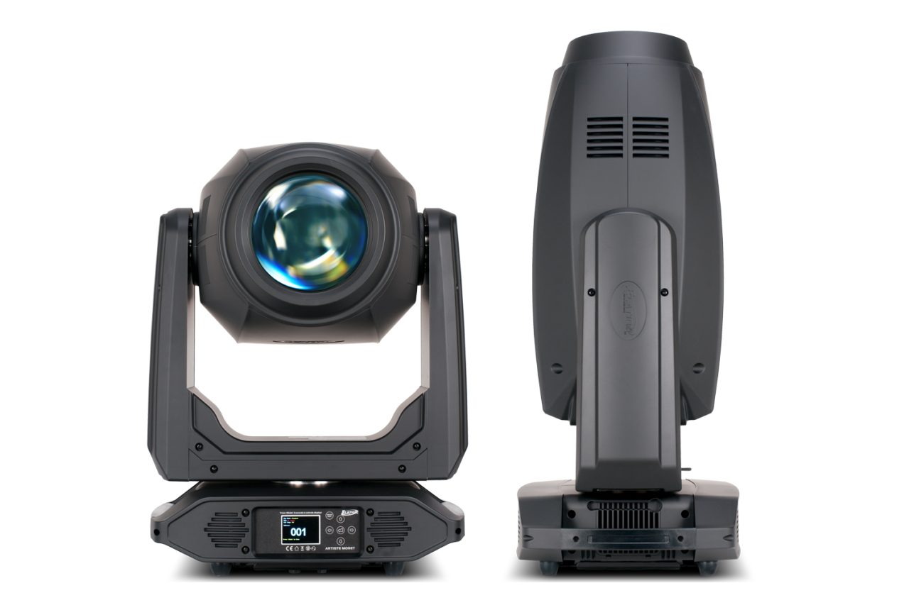 Front and side views of an Elation Artiste Monet moving-head fixture.