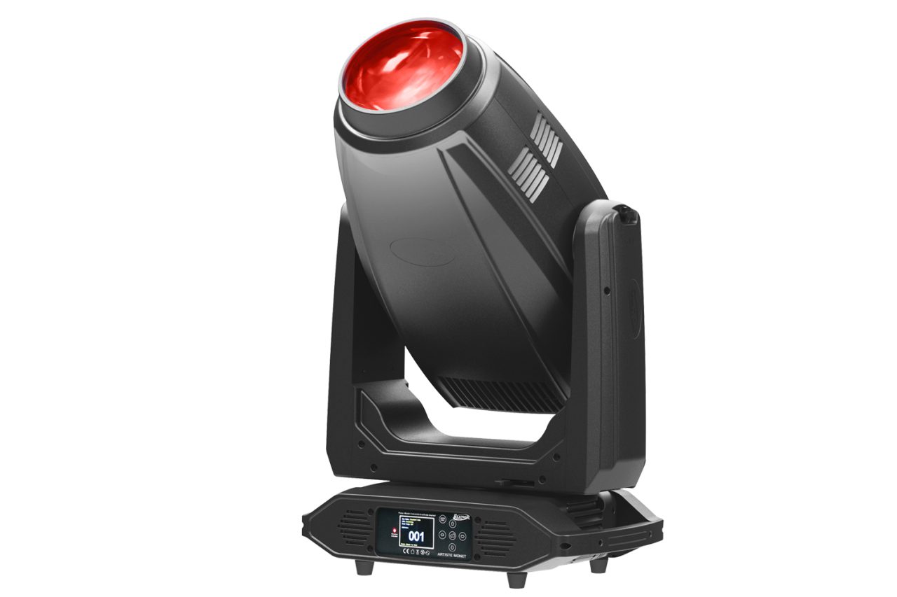 Elation Artiste Monet fixture with a red illuminated lens.