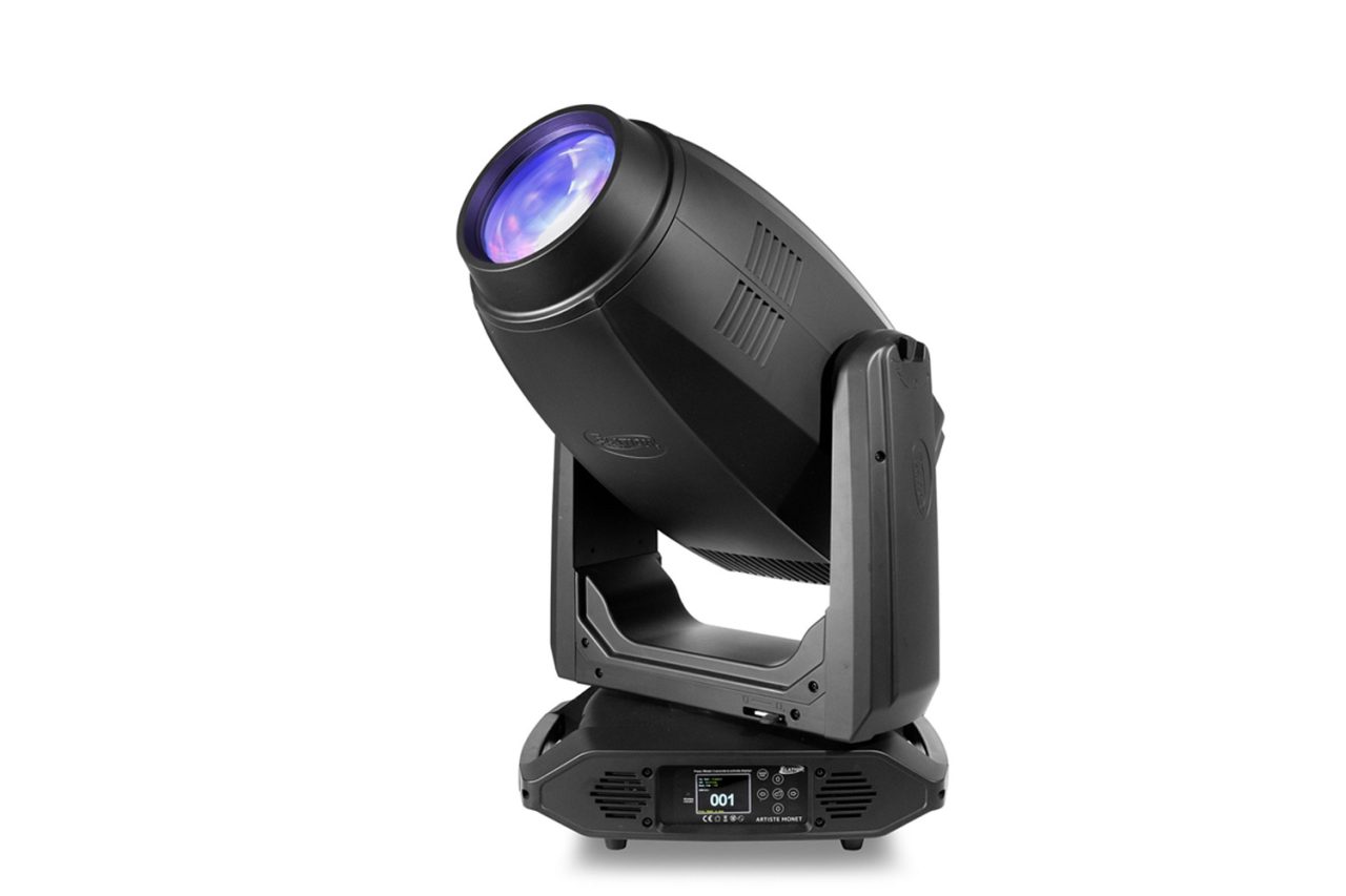 Elation Artiste Monet fixture with a purple illuminated lens.