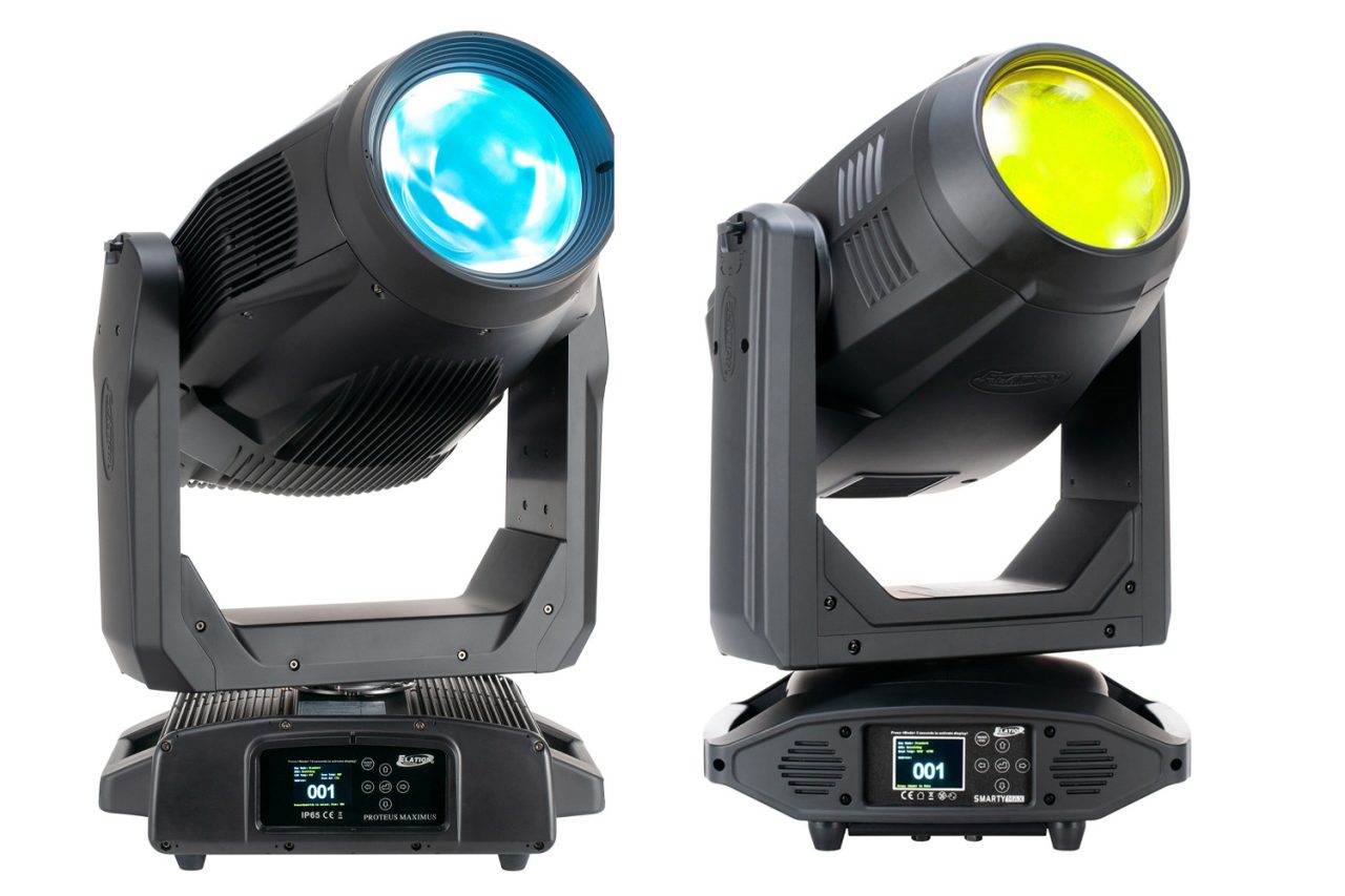 Two Elation moving-head fixtures with cyan and yellow illuminated lenses.