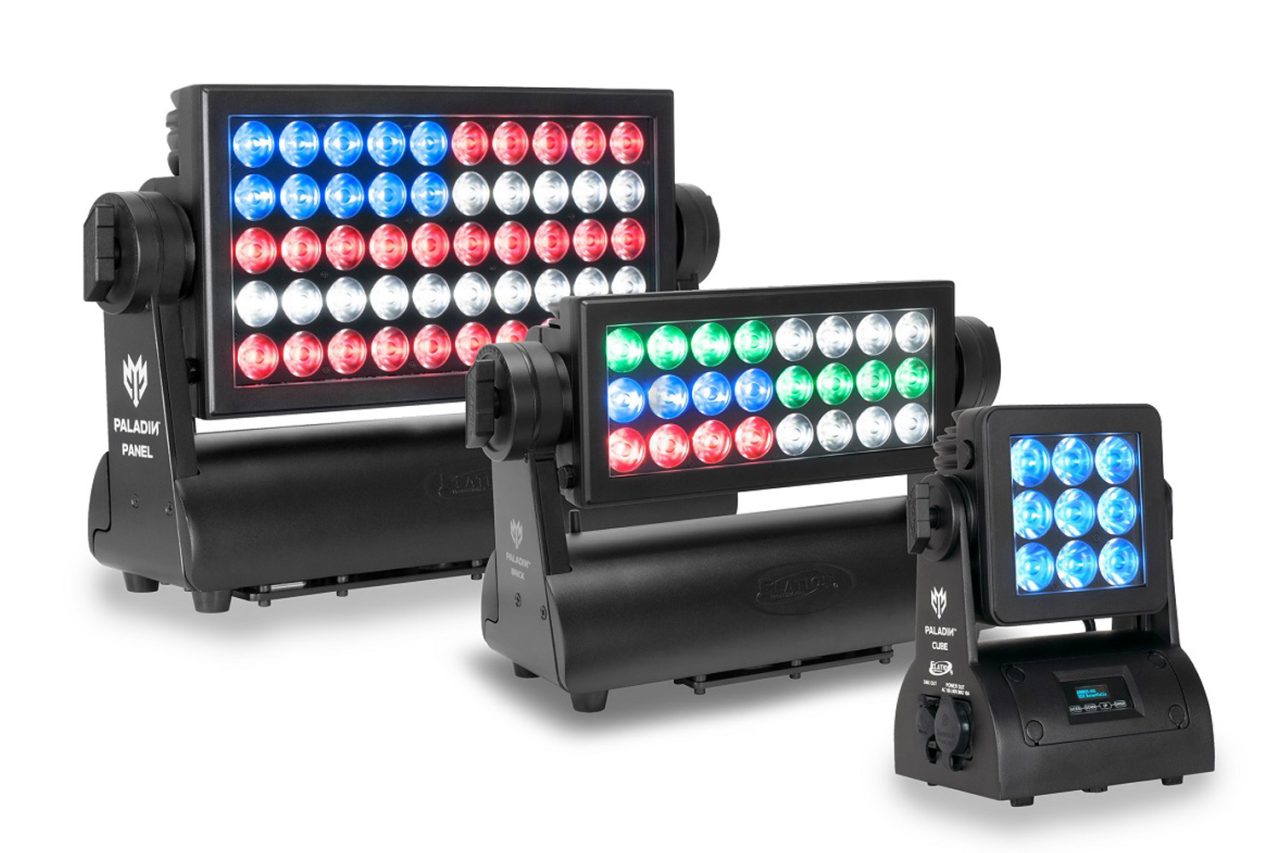 Elation Paladin Panel, Brick and Cube LED fixtures shown together.